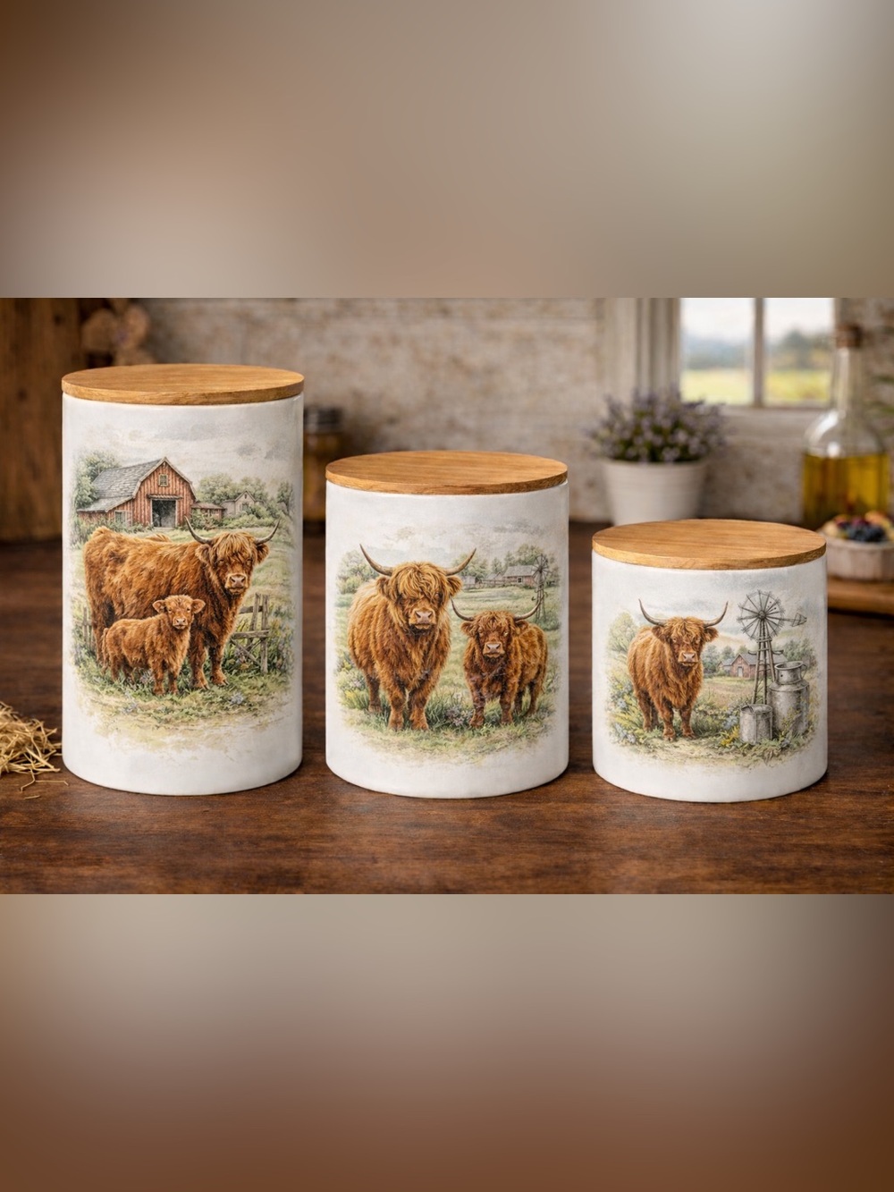 Rustic Highland Cattle Ceramic Canister Set with Wood Lids
